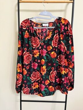 Emily Wonder Floral V-Neck Long Sleeve Blouse NWT Size Large